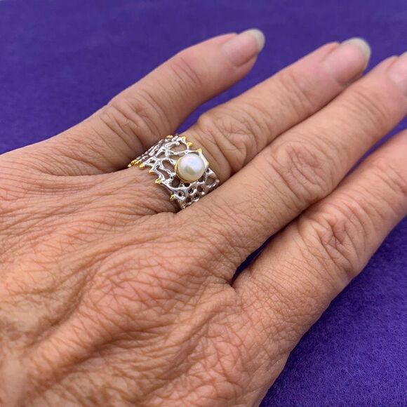 Ring, solid sterling, real pearl, 22 K gold, sz 7,8, cigar band, hand made, NWOT - Picture 7 of 16